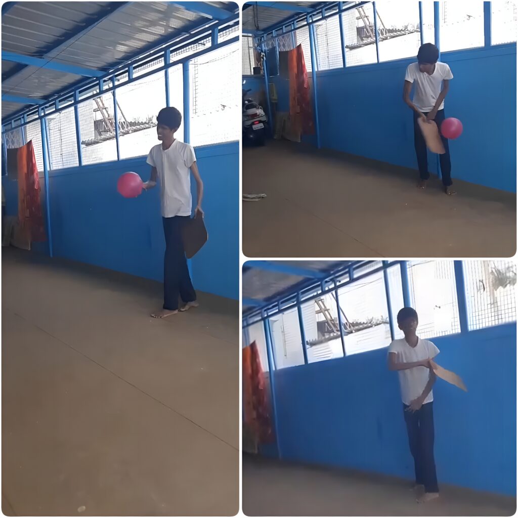 Three images of the author Marimuthu playing an improvised game of cricket with a large red ball. In one image, Marimuthu is seen hitting a six.